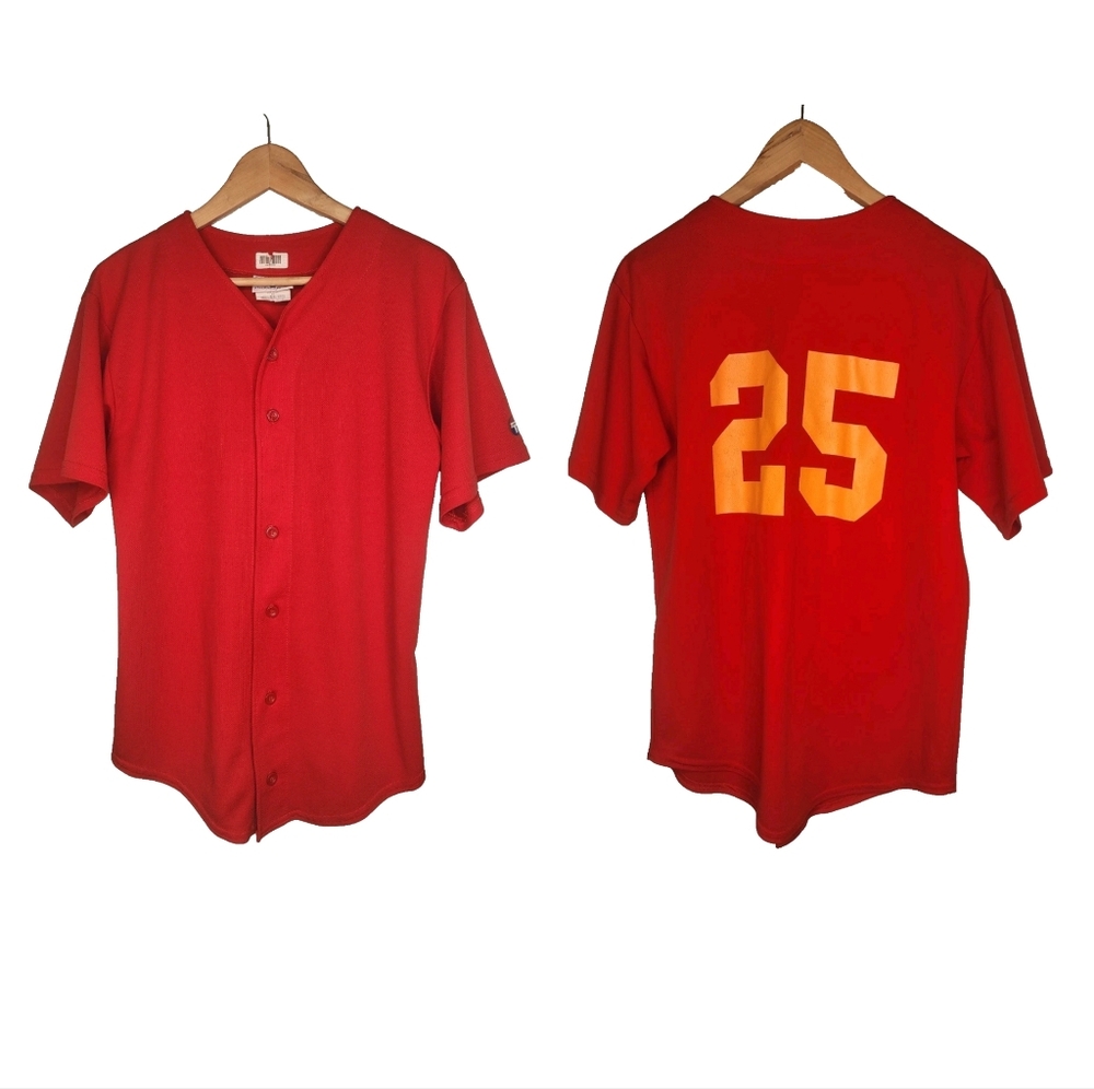 Vintage Teamwork Number 25 Button Front Baseball Jersey in Red and Gold Size M
